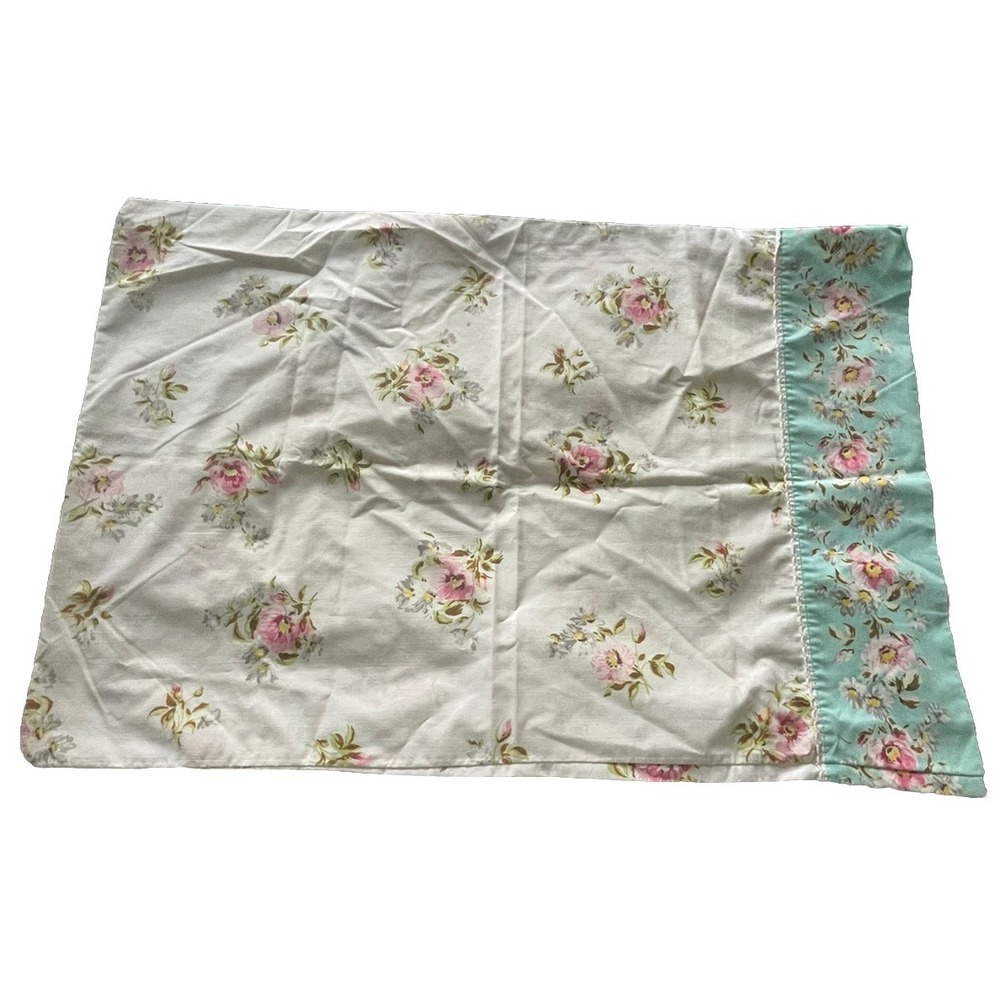 Vintage Montgomery Ward Pillowcase Floral Flowers White Blue Red Green